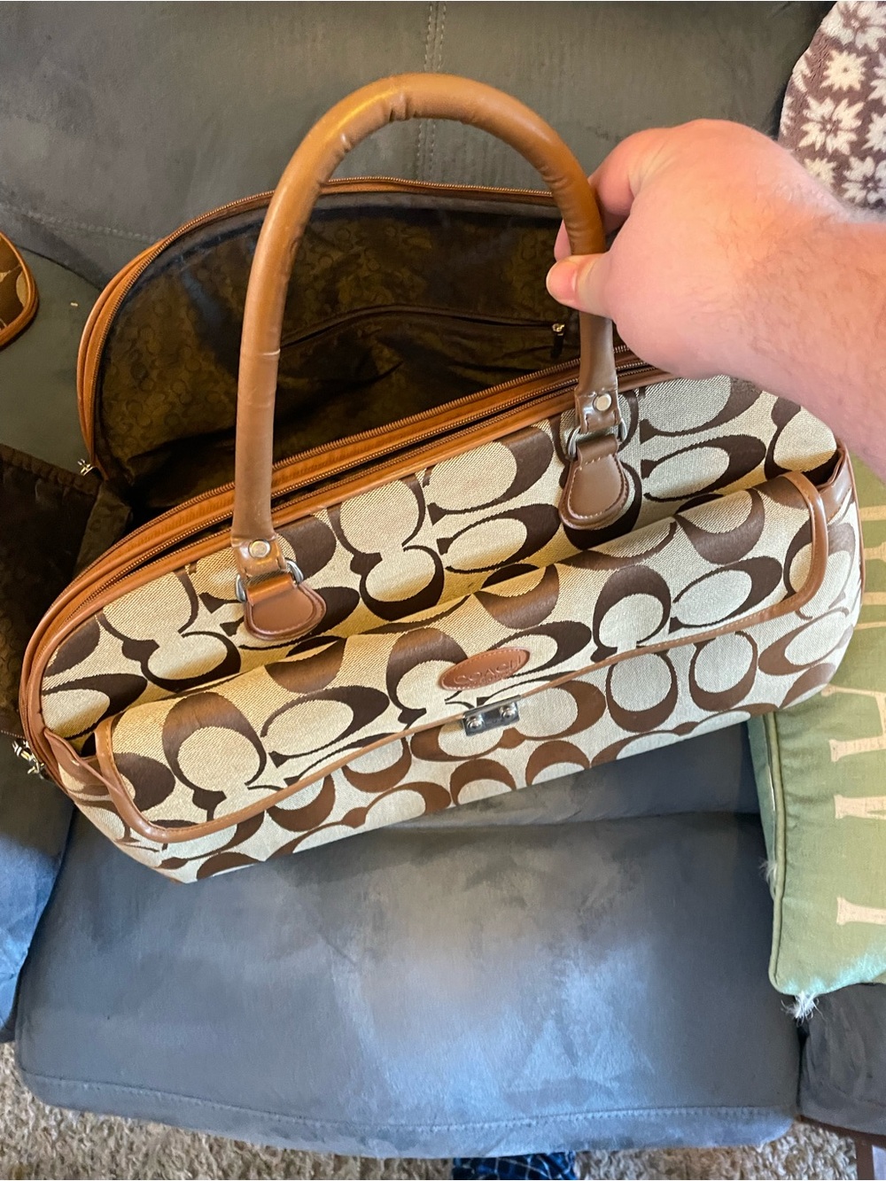 Coach Tan and Brown Signature Carryon luggage with collapsing handle and wheels
